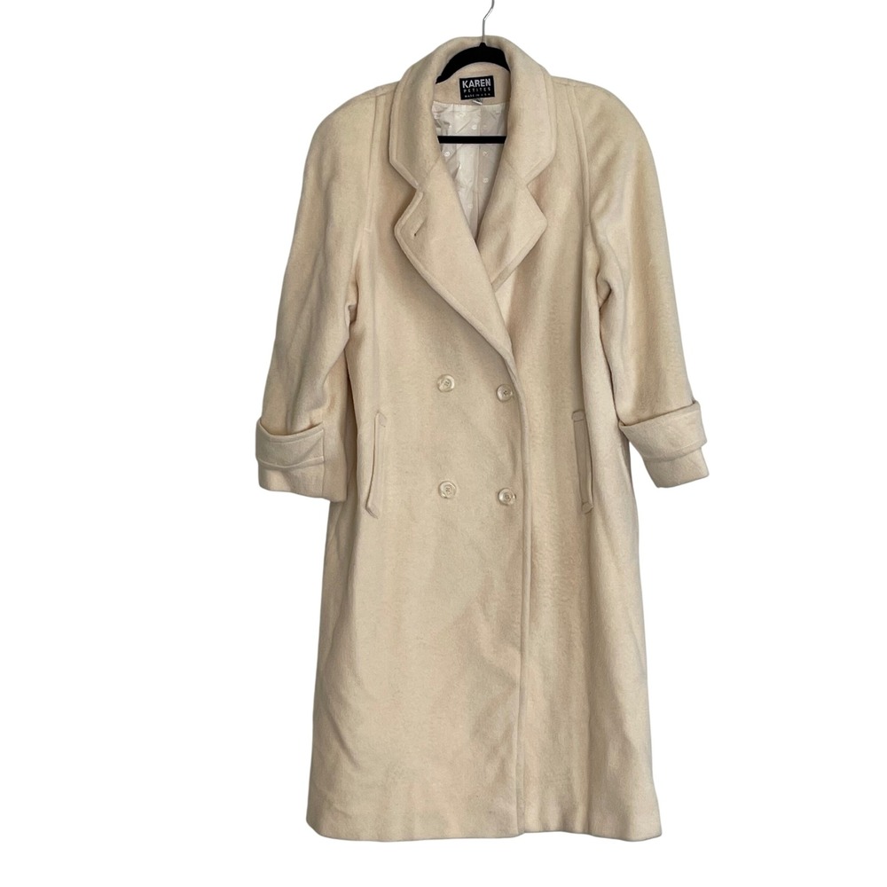 Vintage Cream Wool Mohair Double Breasted Long Overcoat‎ Size 14P Capsule Luxury